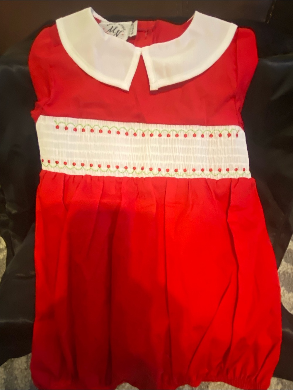 Red Smocked One-Piece with White Peter Pan Collar